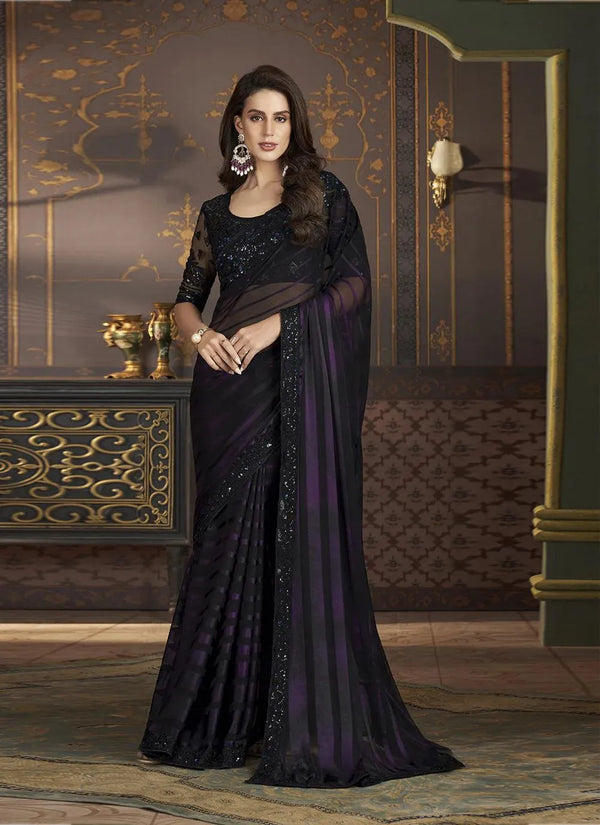 Black Sequinned Silk Party Wear Saree - VJV Now