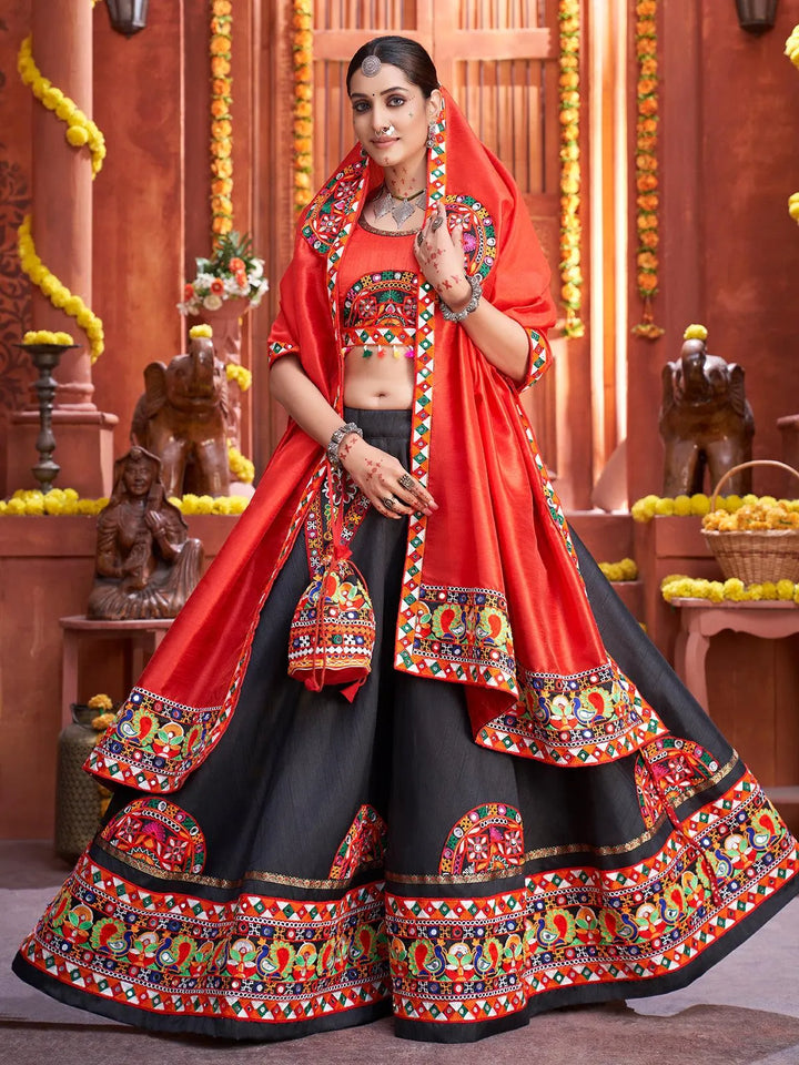 Black Silk Embroidered Navratri Lehenga Choli - VJV Now