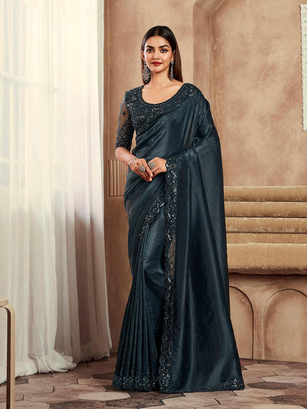Black Soft Silk Saree with Sequin Work for Parties - VJV Now