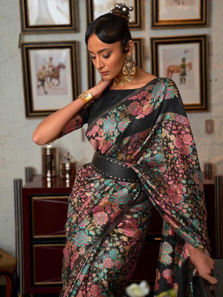 Black Woven Art Silk Saree With Floral Motifs - VJV Now