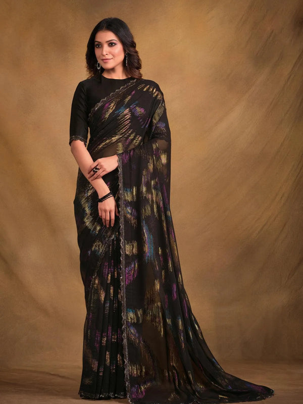 Black Zari Jacquard Printed Designer Saree - VJV Now