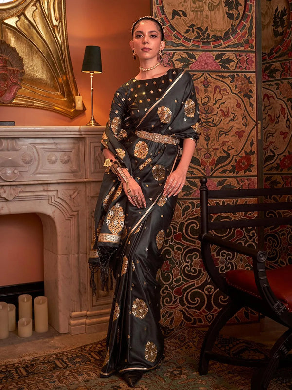 Black Zari Woven Satin Silk Saree - VJV Now