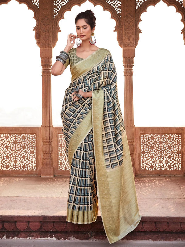 Blue & Beige Handloom Silk Saree with Zari Border For Summer Wear - VJV Now