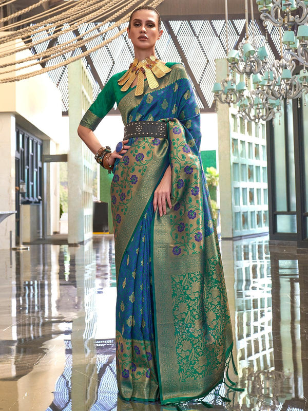 Blue And Green Handloom Banarasi Silk Saree - VJV Now