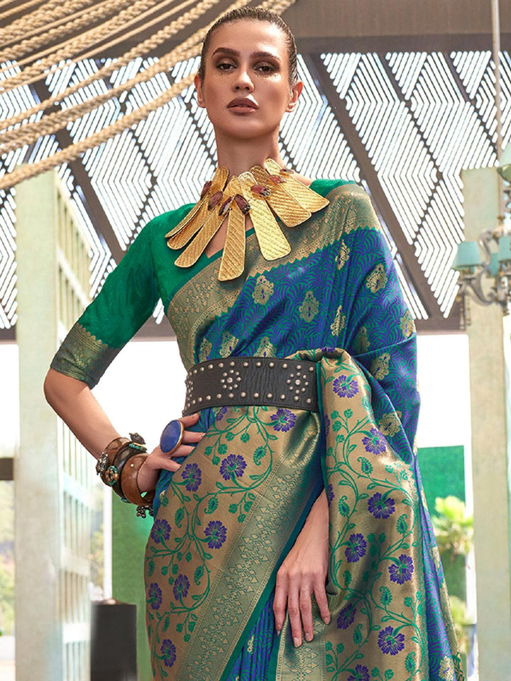Blue And Green Handloom Banarasi Silk Saree - VJV Now