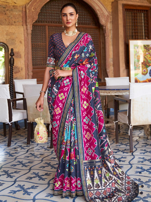 Blue And Pink Woven Patola Silk Saree - VJV Now