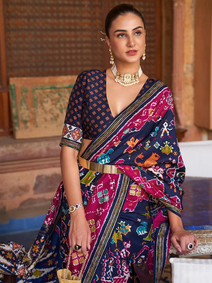 Blue And Pink Woven Patola Silk Saree - VJV Now