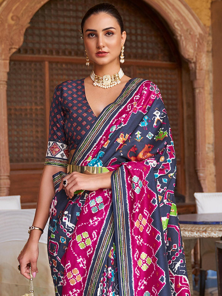 Blue And Pink Woven Patola Silk Saree - VJV Now
