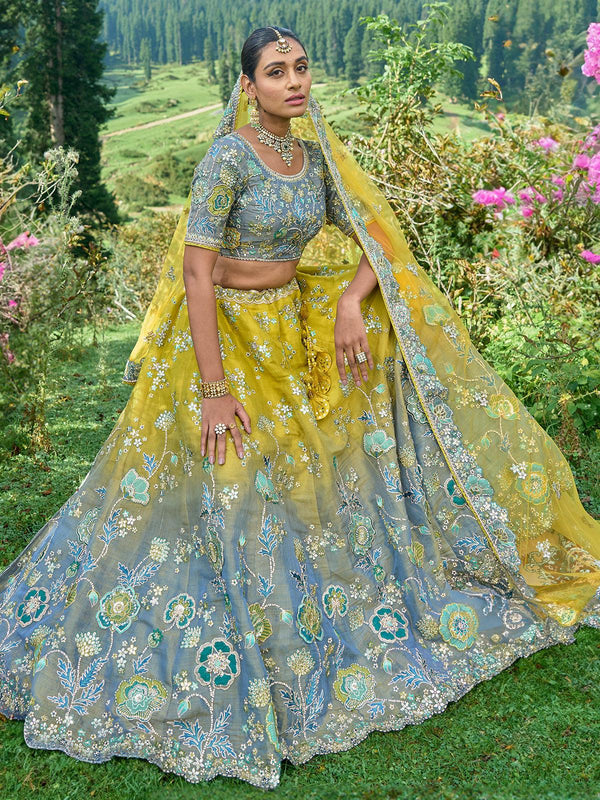 Blue And Yellow Color Embroidered Work Traditional Designer Wear Lehenga Choli - VJV Now