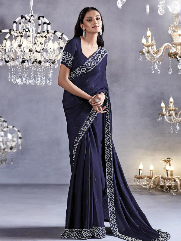 Blue Art Silk Georgette Silver Embroidered Border Design Saree Party Wear - VJV Now