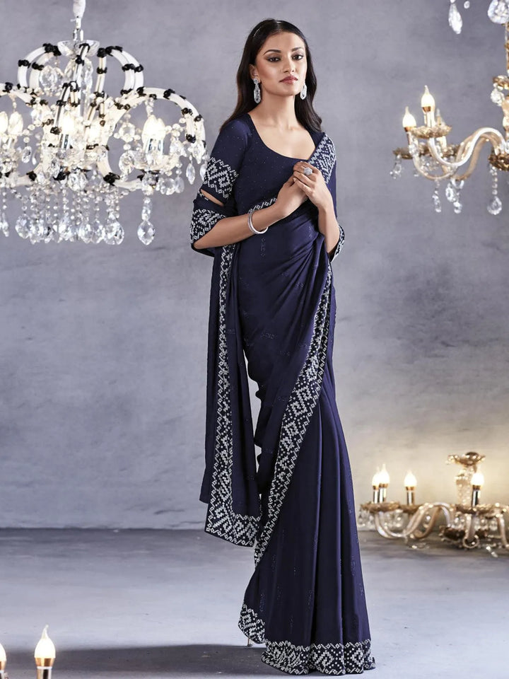 Blue Art Silk Georgette Silver Embroidered Border Design Saree Party Wear - VJV Now