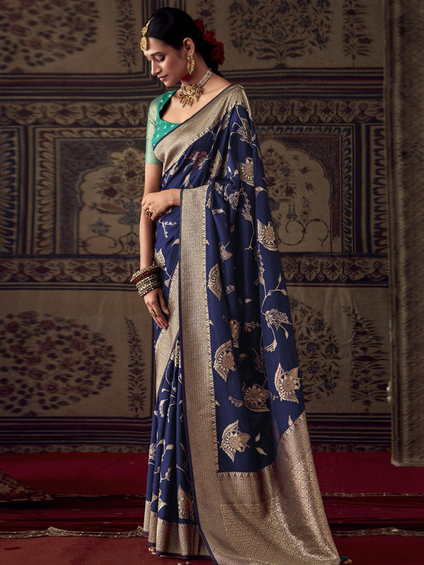 Blue Banarasi Crepe Silk Zari Weaving Work Saree - VJV Now