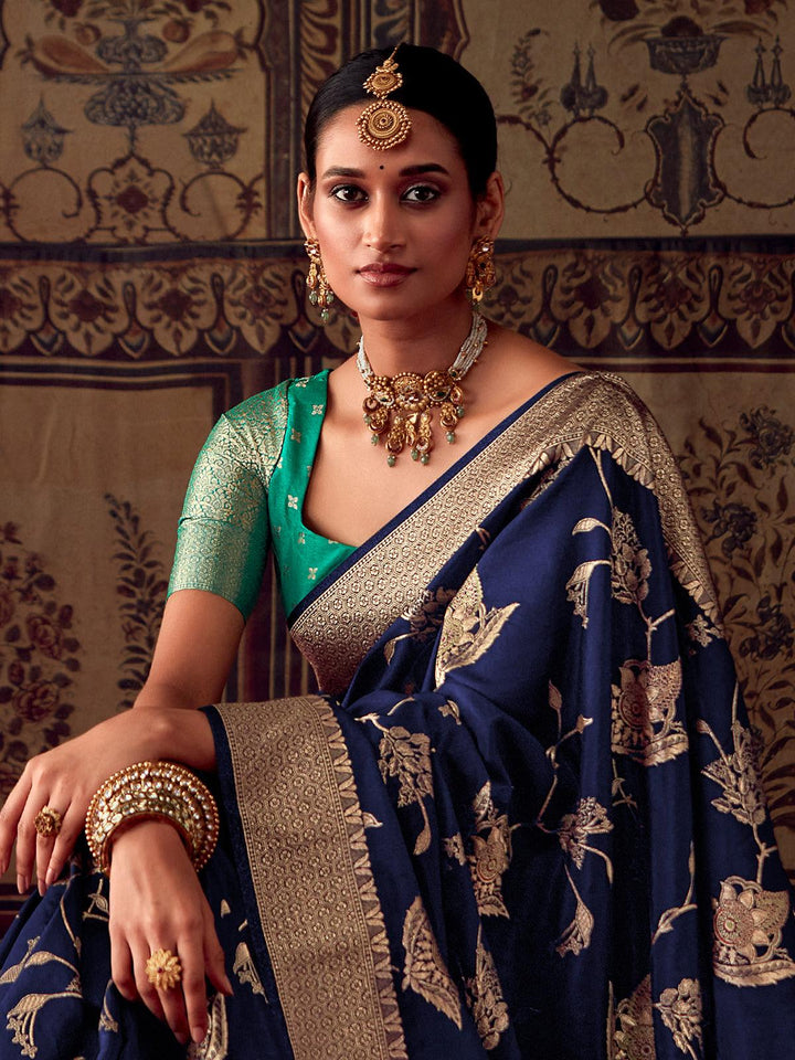 Blue Banarasi Crepe Silk Zari Weaving Work Saree - VJV Now