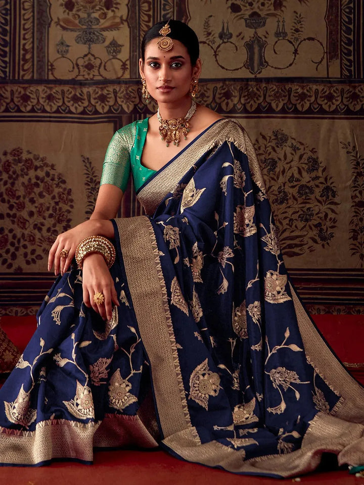 Blue Banarasi Crepe Silk Zari Weaving Work Saree - VJV Now