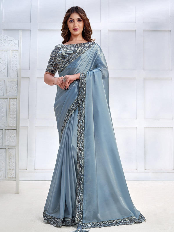 Blue Color Art Silk White Embroidered and Sequence Saree - VJV Now