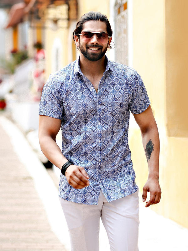 Blue Color Printed White Party Wear Mens Shirt - VJV Now