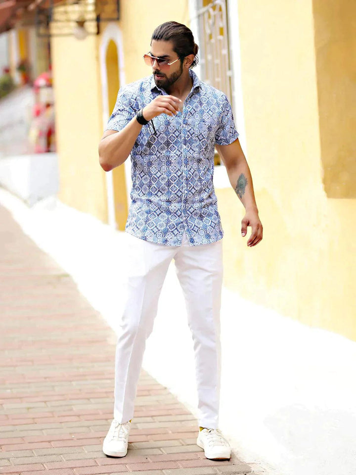 Blue Color Printed White Party Wear Mens Shirt - VJV Now