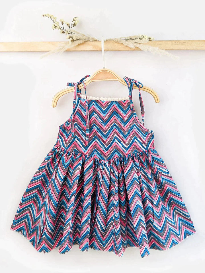 Blue Cotton Zigzag Baby Girl Dress with Tieup Strings - VJV Now