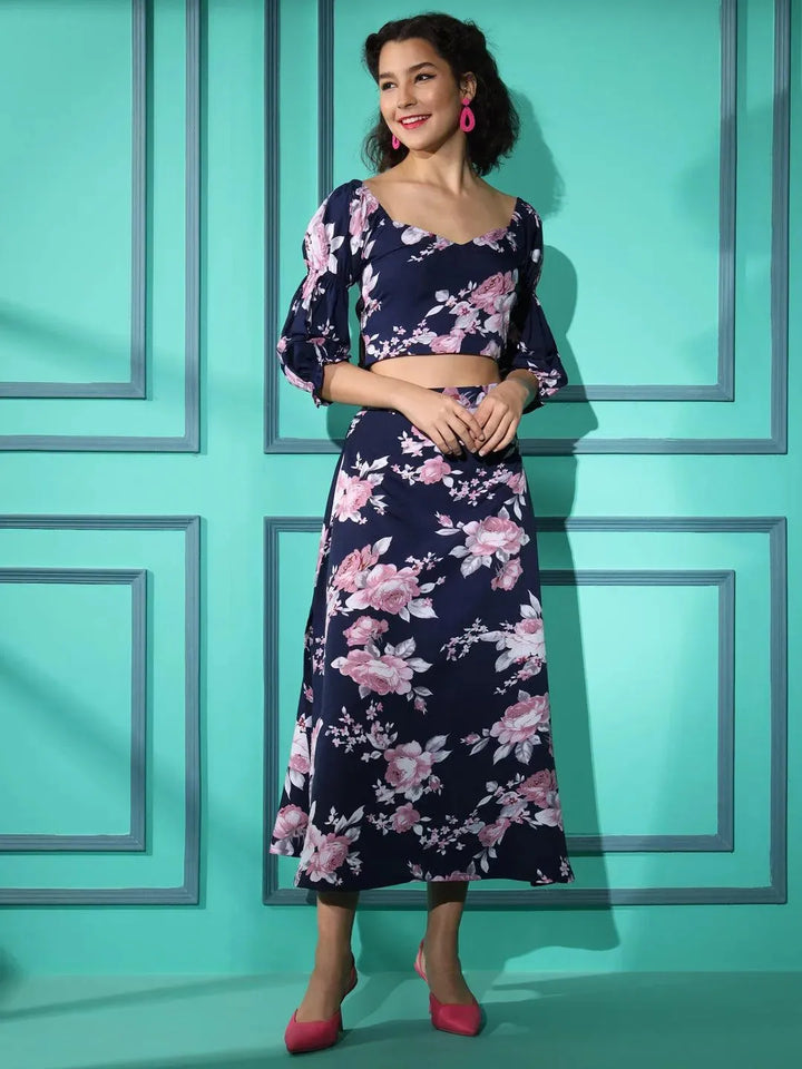 Blue Crepe Floral Printed Top with Matching Skirt - VJV Now