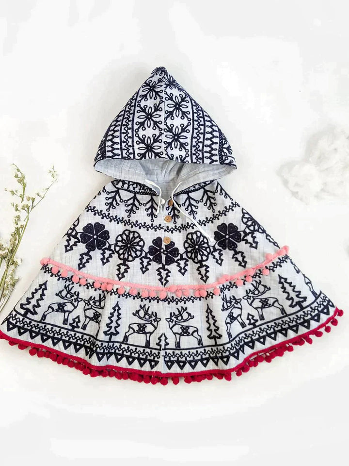Blue Embroidered Hoodie Party Poncho Top For Baby Girls - VJV Now