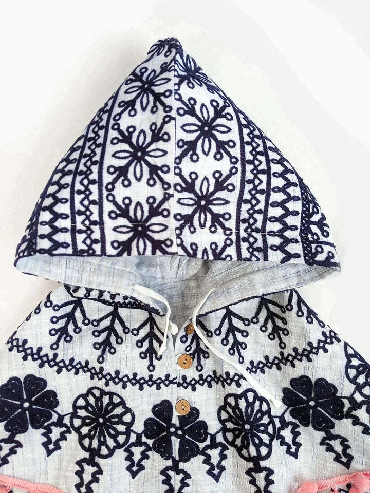 Blue Embroidered Hoodie Party Poncho Top For Baby Girls - VJV Now