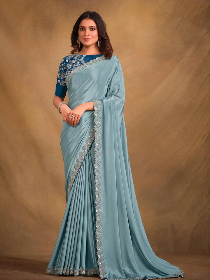 Blue Georgette Silk Embroidered Work Saree - VJV Now