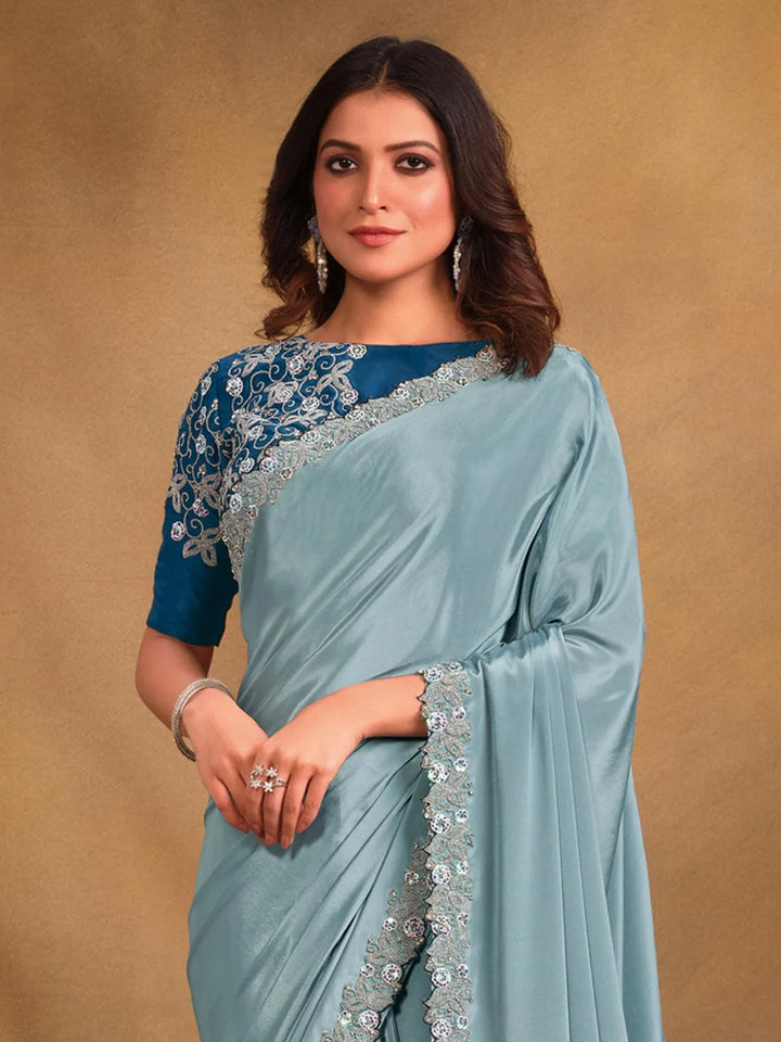 Blue Georgette Silk Embroidered Work Saree - VJV Now