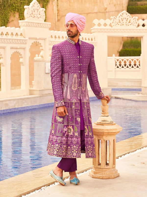 Blue Men's Indo-wester Kurta Sherwani Set For Weeding - VJV Now