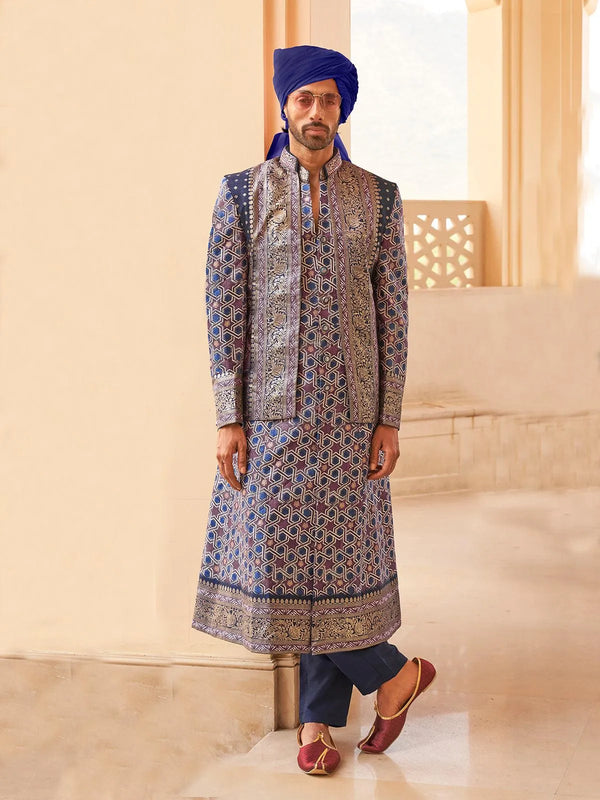 Blue Men's Indo-western Jacket Sherwani Set For Weeding - VJV Now