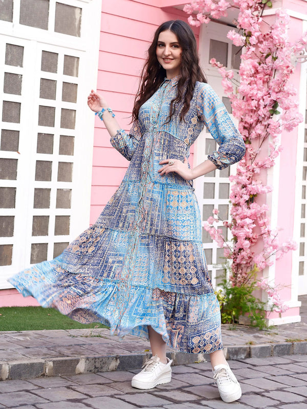 Blue Multi Color Printed Dress Festive Wear - VJV Now