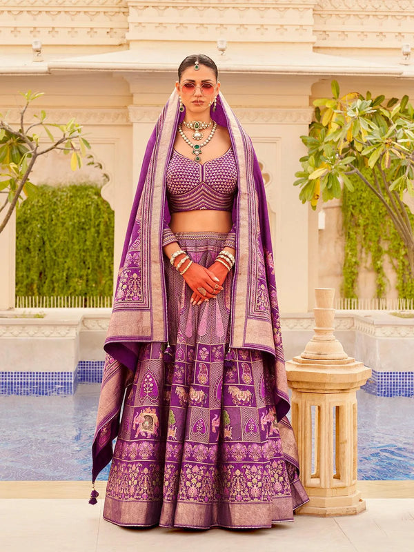 Blue Silk Lehenga Choli Set with Foil Jacket for Wedding - VJV Now