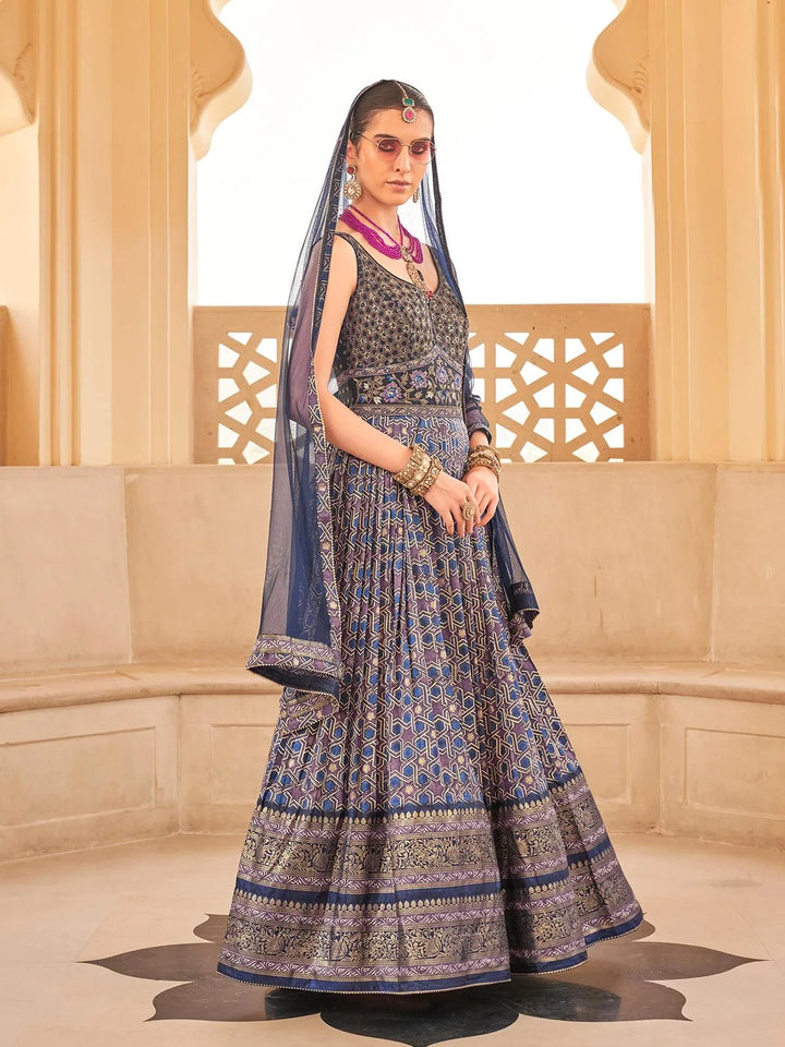 Blue Silk Lehenga Style Gown choli Set with Zari Work & Net Dupatta - VJV Now