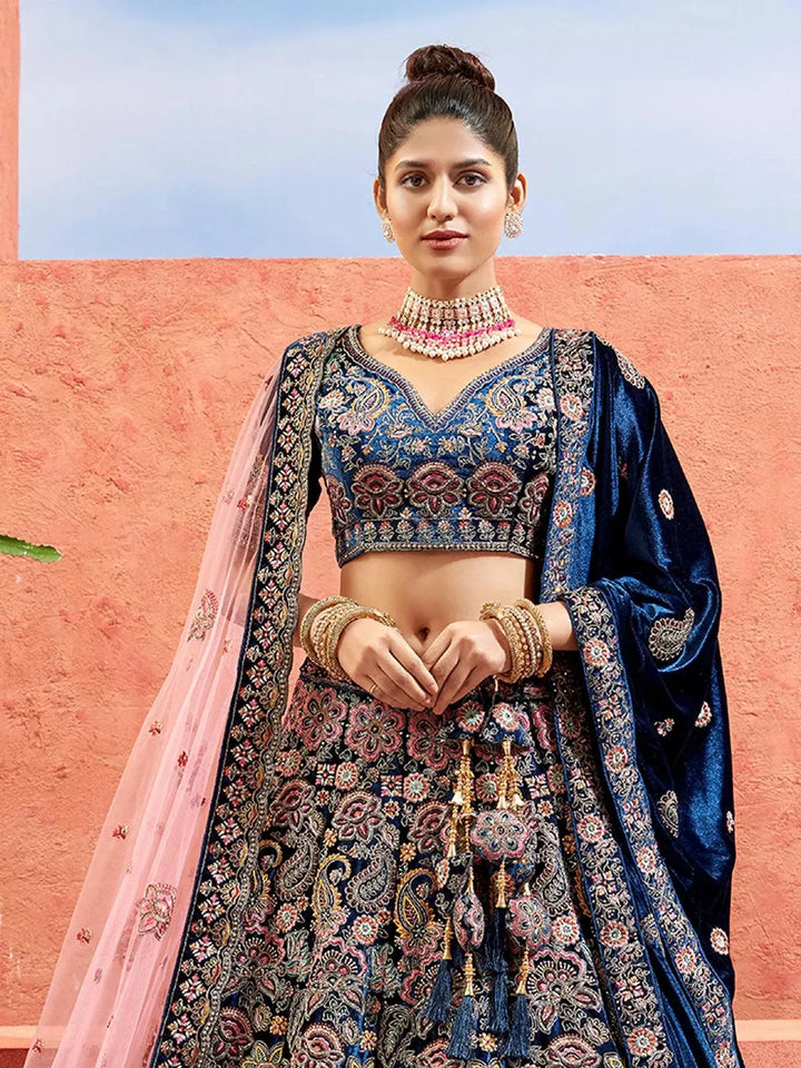 Blue Velvet Heavy Hand Work Umbrella Lehenga Choli With Double Dupatta Wedding Wear - VJV Now