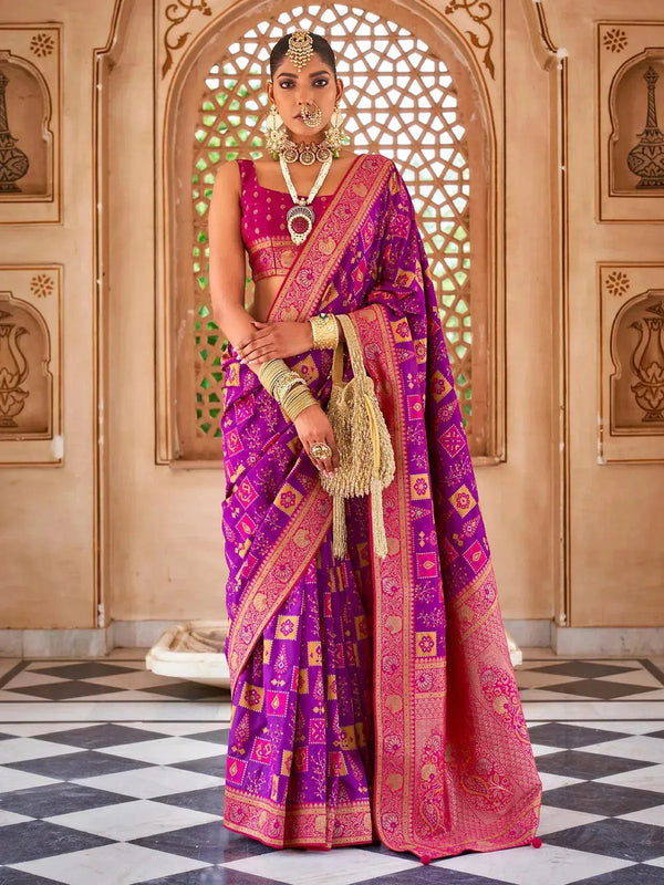 Blue Woven Designer Silk With Pink Border Saree For Engagement & Reception Wear - VJV Now