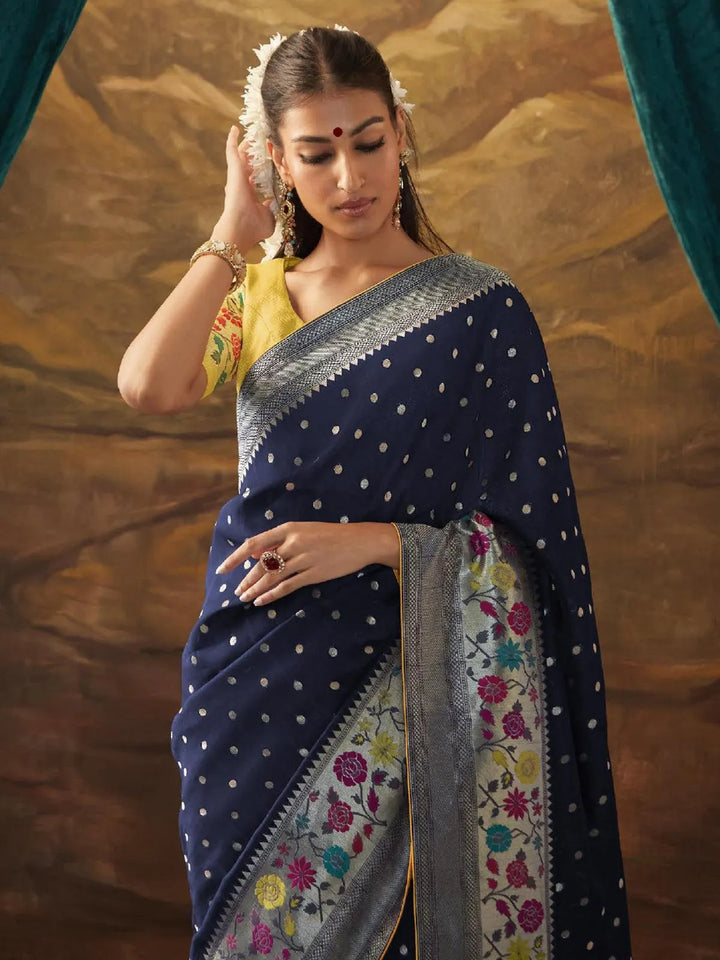 Blue Woven Dola Silk Zari Work Saree Party Wear - VJV Now