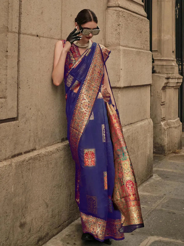 Blue Woven Zari And Floral Motif Saree - VJV Now