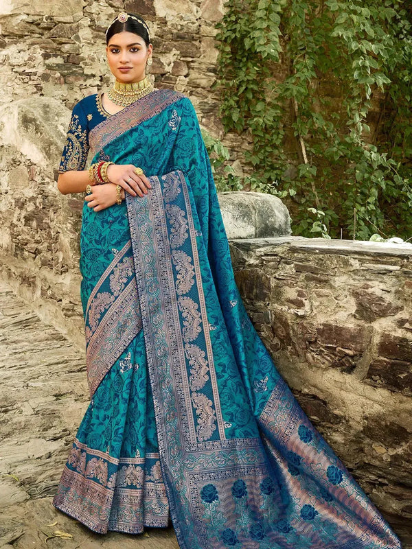 Blue Zari Work Banarasi Silk Saree - VJV Now