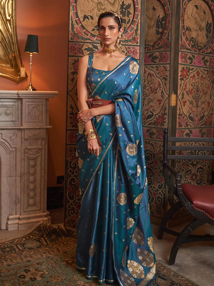 Blue Zari Woven Satin Silk Saree - VJV Now