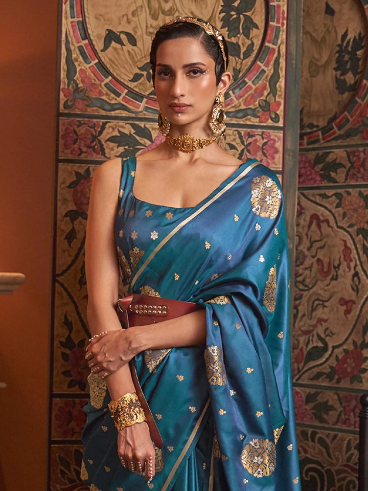 Blue Zari Woven Satin Silk Saree - VJV Now