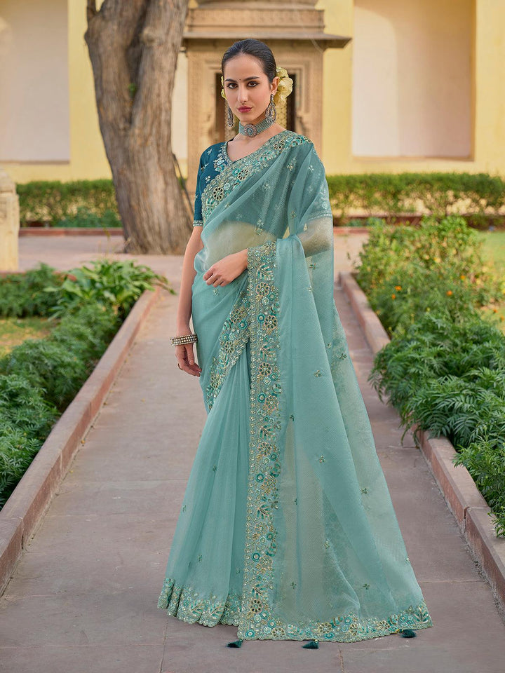 Breathtaking Powder Blue Organza Sequin Saree with Peacock Blue Blouse - VJV Now