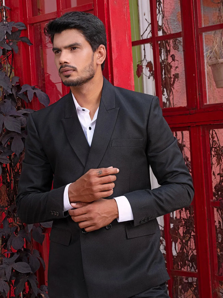 Brilliant Black Color Men's Double Breasted Designer Suit - VJV Now