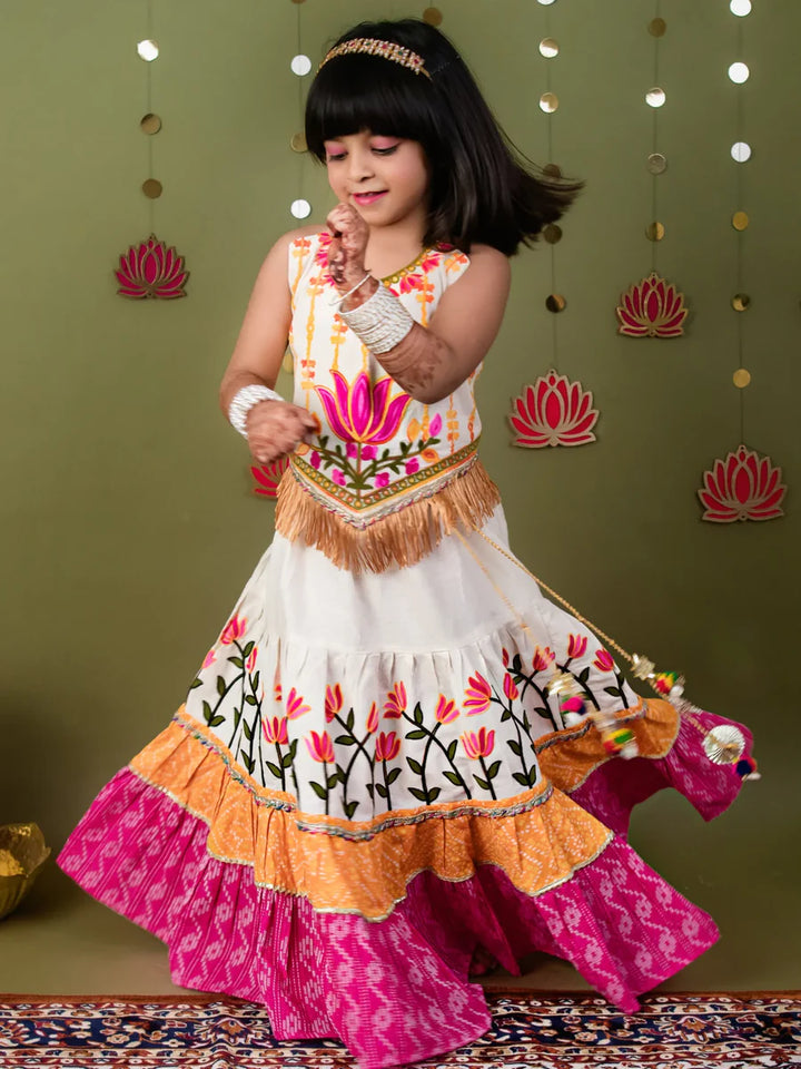Lotus Pink Chaniya Choli Set for Girls – Embroidered Blouse & Bandhani Lehenga | Navratri, Diwali & Wedding Wear
