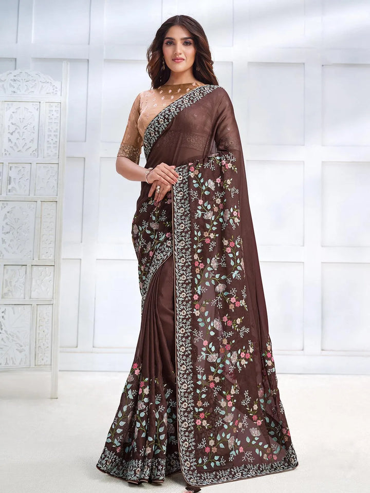 Brown Color Art Silk White Embroidered and Stone Work Saree - VJV Now