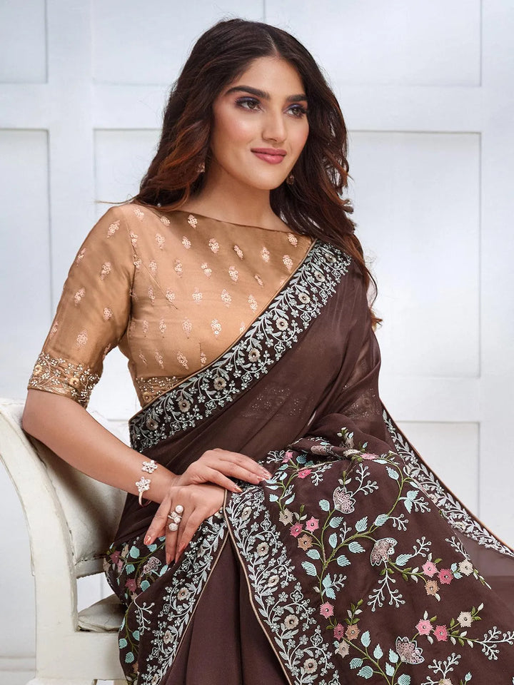 Brown Color Art Silk White Embroidered and Stone Work Saree - VJV Now