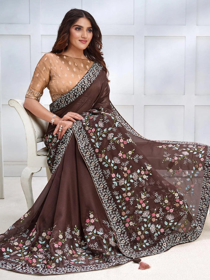 Brown Color Art Silk White Embroidered and Stone Work Saree - VJV Now