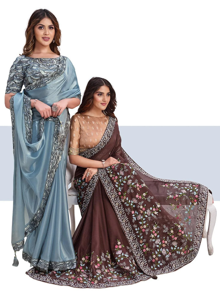 Brown Color Art Silk White Embroidered and Stone Work Saree - VJV Now