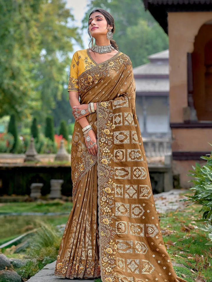 Brown Color Embroidered Banarasi Silk Saree - VJV Now