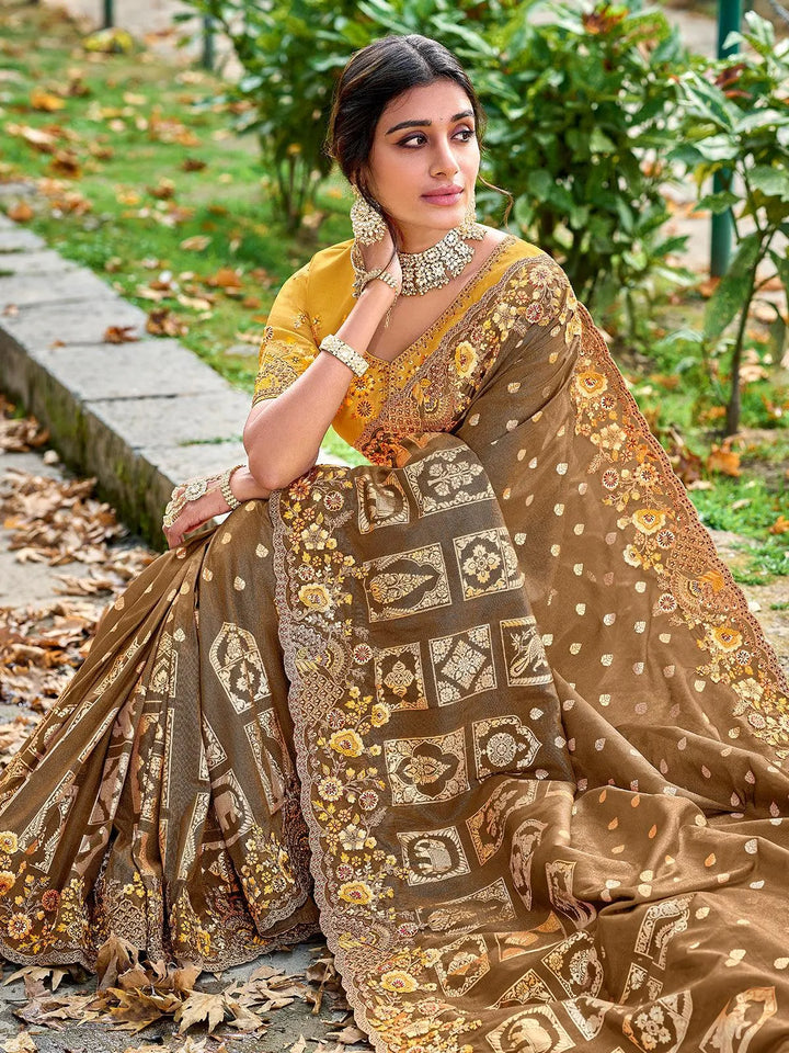 Brown Color Embroidered Banarasi Silk Saree - VJV Now