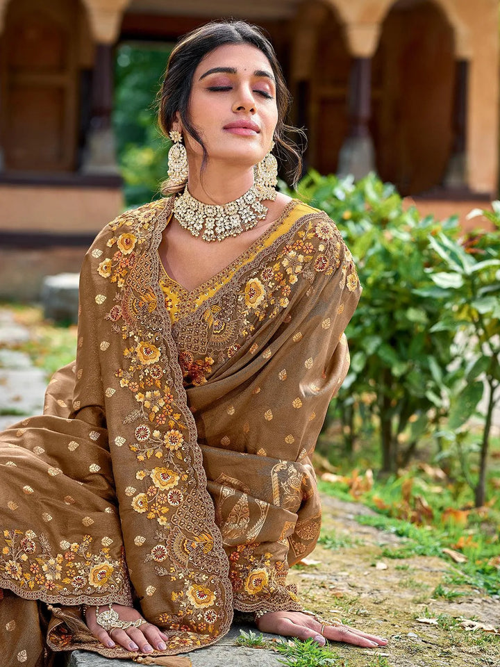 Brown Color Embroidered Banarasi Silk Saree - VJV Now