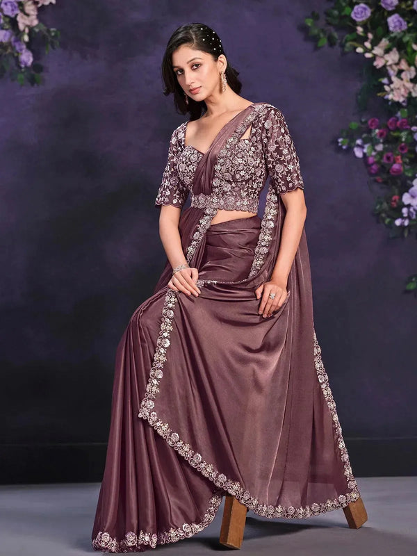 Brown Crape Satin Silk Embroidered Ready to Wear Saree - VJV Now
